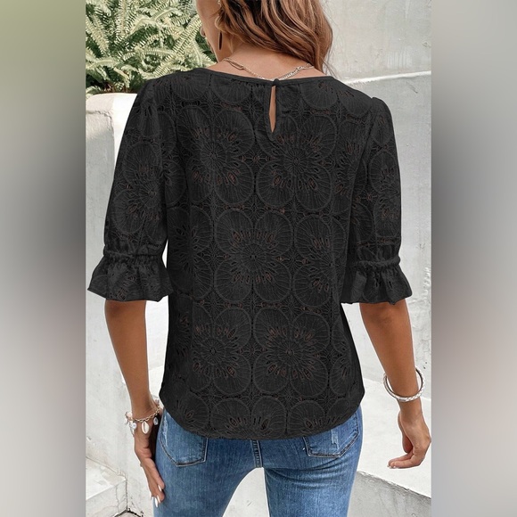 Black Flower Eyelet Jacquard Keyhole Flounce
Sleeve Top Bohemian Blouse - Picture 5 of 9